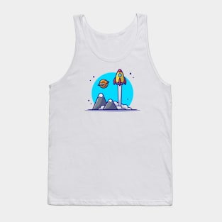 Space Shuttle Taking Off with Planet and Mountain Space Cartoon Vector Icon Illustration Tank Top